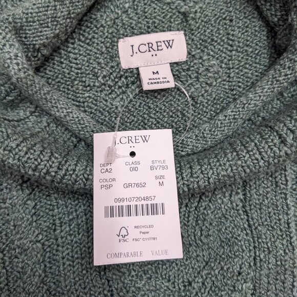 NWT J. Crew Roll Neck Cable Knit Sweater Womens Size M Green Preppy Fisherman - Picture 11 of 12
